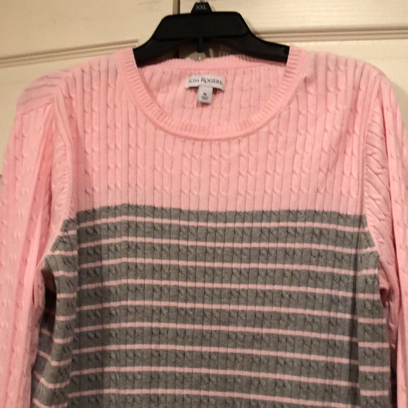 Kim Rogers - XL - Pink with Gray Stripe Small Cable -Cotton Sweater - Picture 2 of 6